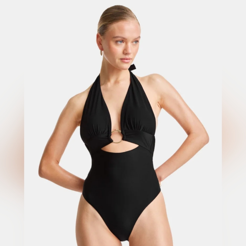 TALA Black Halter Plunge Gold Ring Bikini Swimsuit - Picture 2 of 7
